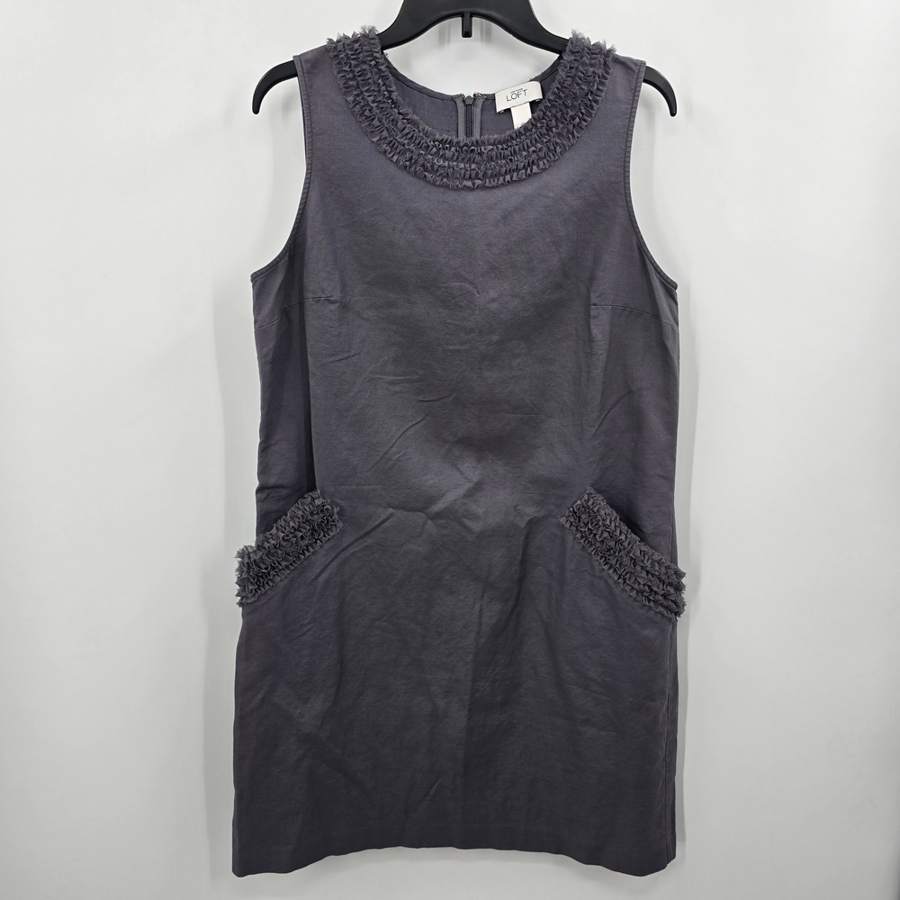 Ann Taylor Loft Gray Ruffle Neck Sleeveless Cotton Shift Dress Womens 12